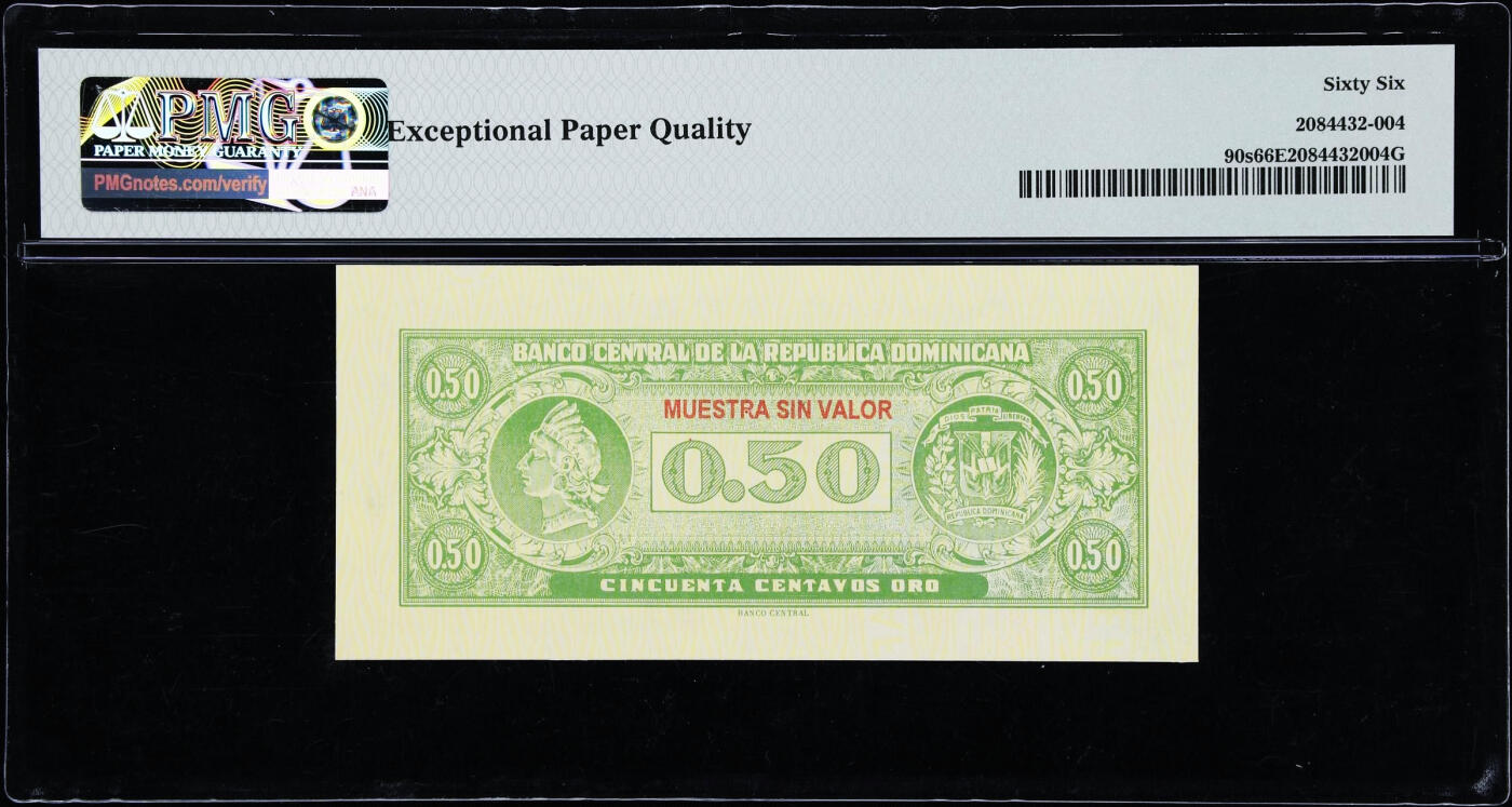 【Blue Auction】世界纸币精拍第759期——18级TOP拍卖/信誉/品质/专业/高效💫 【样钞 仅1张更高分】多米尼加 1961年50分 PMG66EPQ 