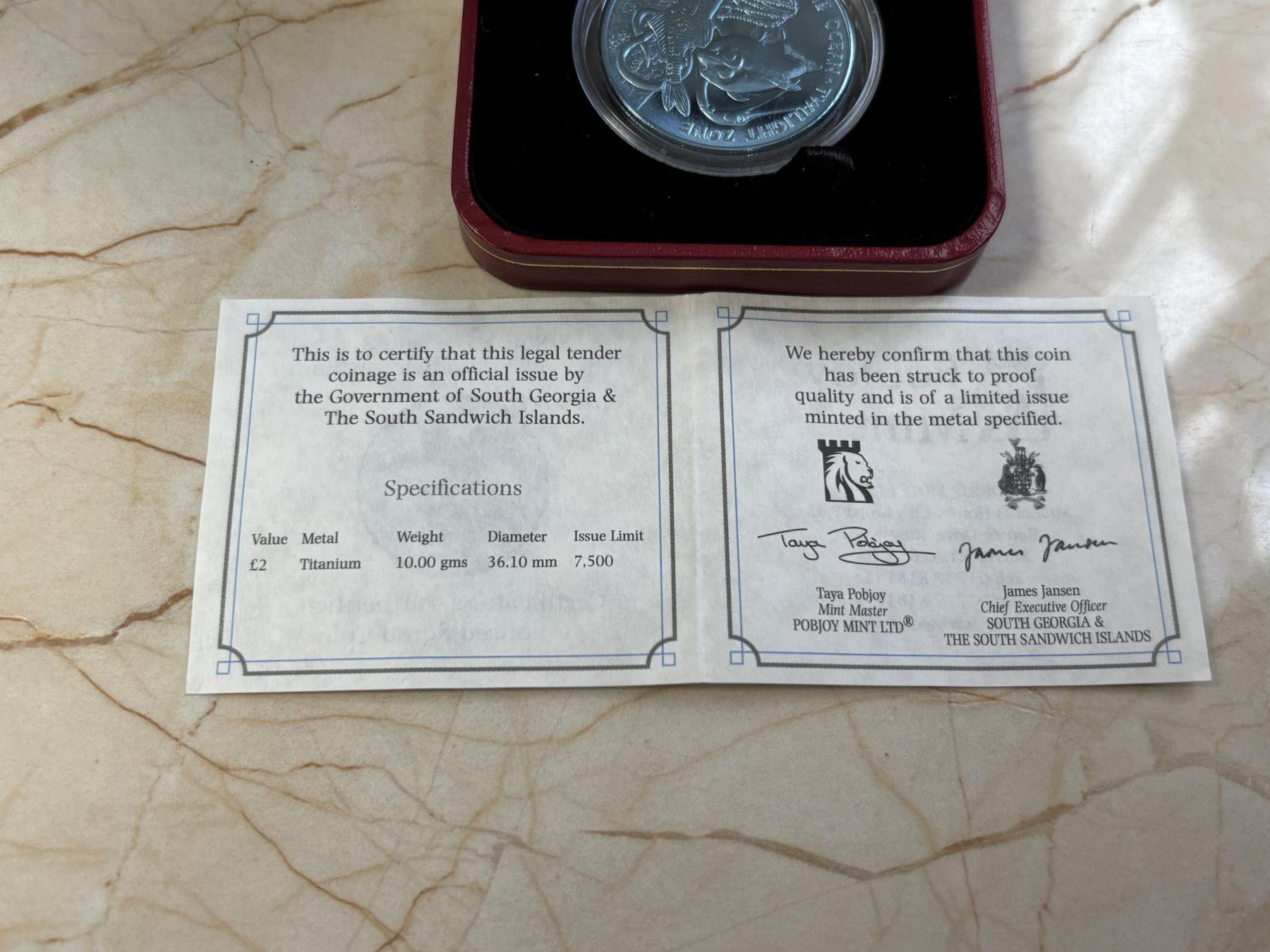 第184期拍卖 南乔治亚与南桑威奇群岛 2016 2磅 海洋-暮光区 青钛币 10g 36.1mm 发行量7500枚 市场价350