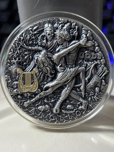 第185期拍卖 - 纽埃2020年发行众神系列爱乐之神太阳之子阿波罗2盎司高浮雕仿古镀金银币，999银，发行500枚【银价946】