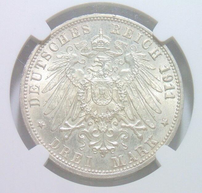 【银】NGC UNC 德国符腾堡1911年 威廉二世银婚3马克银币 开卷原光