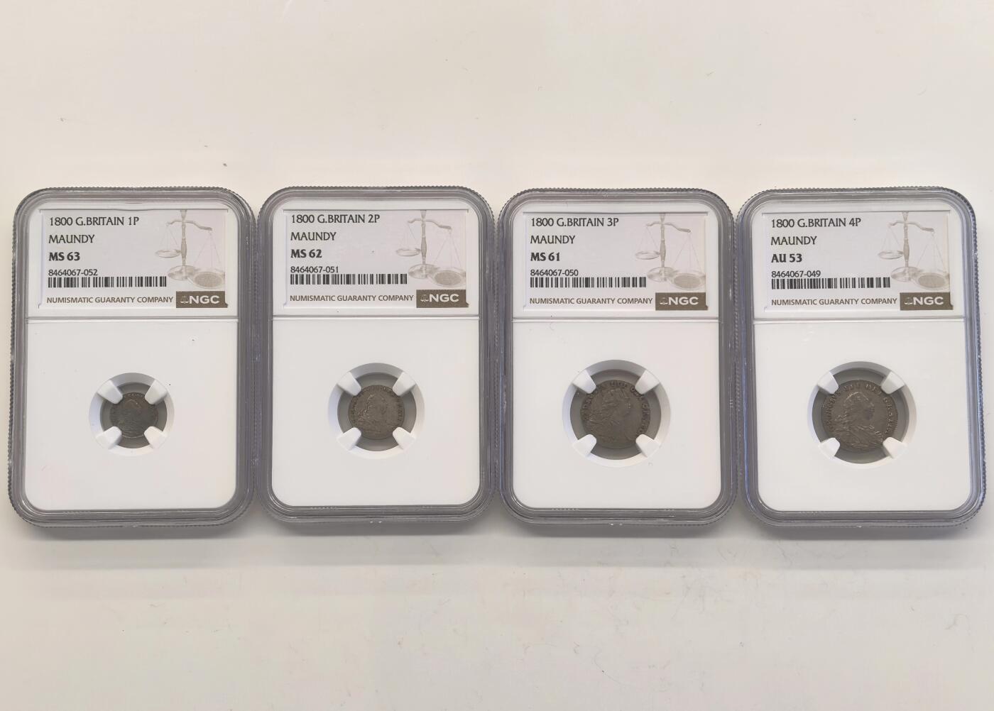 博洋堂世界钱币拍卖第150期（全场包邮） NGC AU53-MS63 英国1800年英国乔治三世濯足币一套四枚，原味五彩