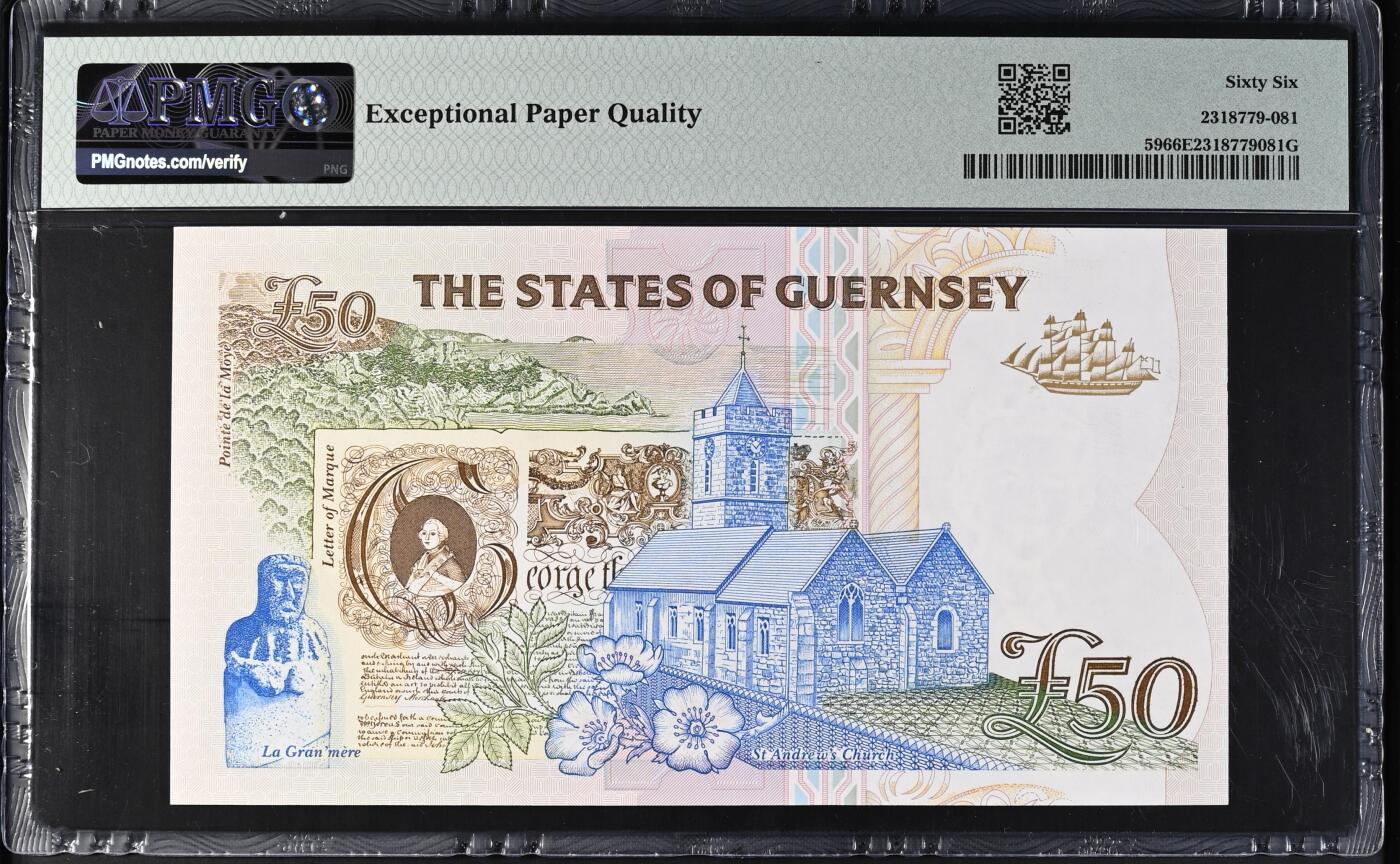 《艾美收藏》第223期-12.7周日外币畅拍 根西1994年A冠50镑最高值PMG66E无4 大票幅 女王钞 Pick#59