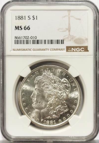 博洋堂藏家专场系列之美国钱币白金之夜专场②暨第152期（全场包邮）  - NGC MS66 美国1881 S 摩根 鹰面月牙彩虹包浆