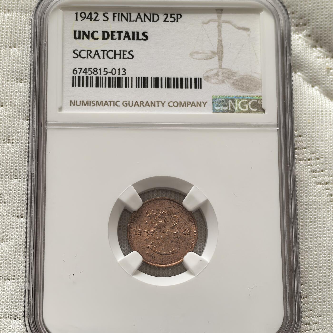 道一币馆币章第一百五十八场 NGC UNC 芬兰1942年25芬尼铜币