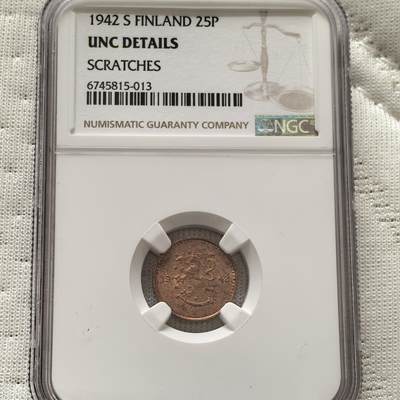 道一币馆币章第一百五十八场 - NGC UNC 芬兰1942年25芬尼铜币