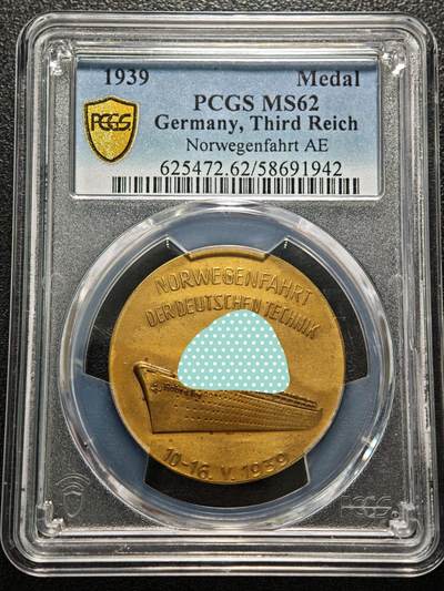 【德藏】世界币章拍卖第155期（拍品征集中~欢迎藏友联系） - 1939年 德国民族社会主义工人党进攻挪威纪念铜章 PCGS MS62 少见品种 亚军分 仅2枚更高（原图请查询PCGS评级官网）