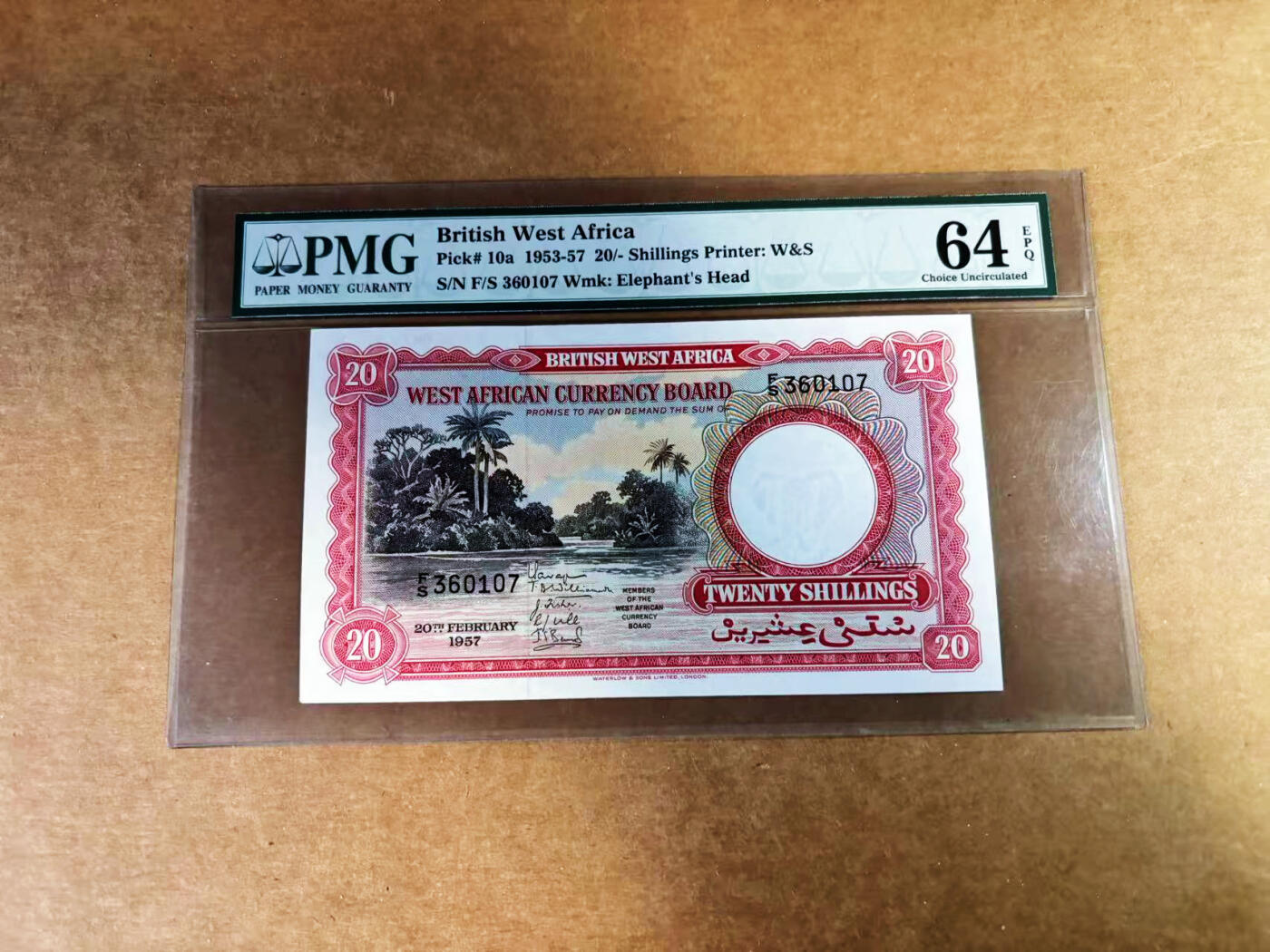 【Blue Auction】世界纸币精拍第759期——18级TOP拍卖/信誉/品质/专业/高效💫  英属西非 1957年20先令 风景唯美 风土人情 PMG64EPQ 老壳