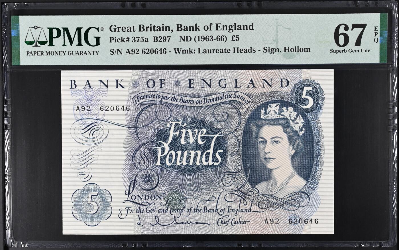 《艾美收藏》第223期-12.7周日外币畅拍 英国C序列1963-66年A冠5镑PMG67E高分 更高分仅10张 年轻女王 Pick#375a