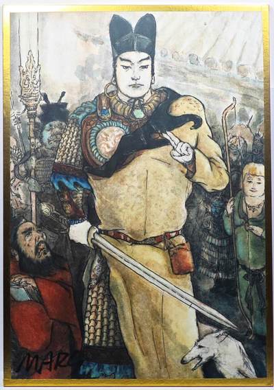 白泽拍卖卡牌手绘专场第29期（忽有故人心上过，回首山河已是秋） - 2025 秦嘉裕色纸 二郎神 尺寸：14cm*19cm  秦嘉裕亲签