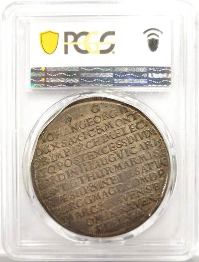 博洋堂世界钱币拍卖第150期（全场包邮） PCGS AU53 1657年德国萨克森马剑泰勒，萨克森早期泰勒中的名誉品种，此枚打制极佳，无弱打，马剑面马毛纤毫毕现，明显低评的一枚，正反满五彩包浆年代感极强，超大尺寸。这个品种也算是萨克森早期泰勒中涨的最凶猛的几个品种之一了