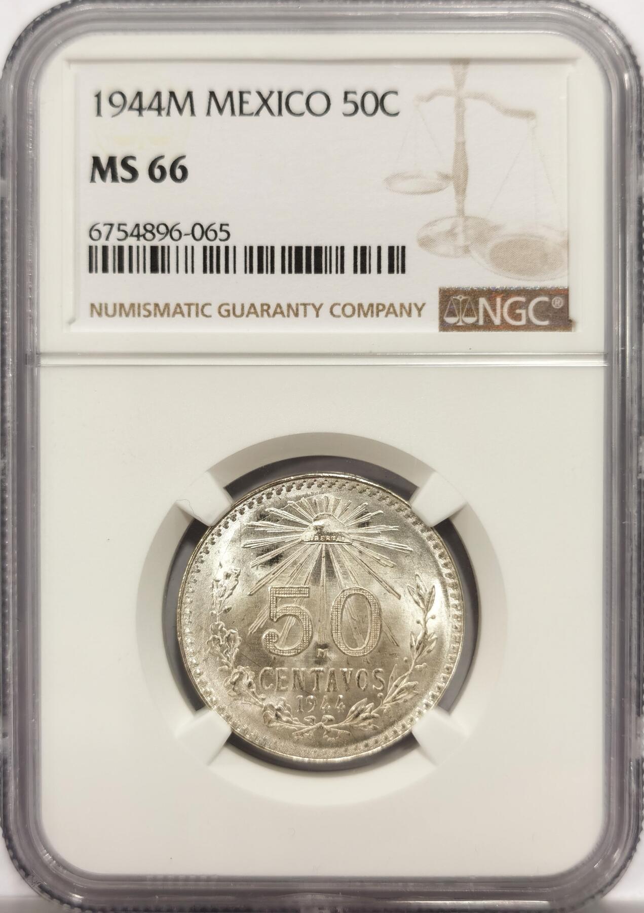 博洋堂世界钱币拍卖第150期（全场包邮） NGC MS66 墨西哥1944年50分鹰洋银币，高分难得