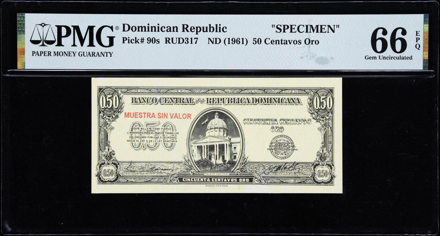 【Blue Auction】世界纸币精拍第759期——18级TOP拍卖/信誉/品质/专业/高效💫 【样钞 仅1张更高分】多米尼加 1961年50分 PMG66EPQ 