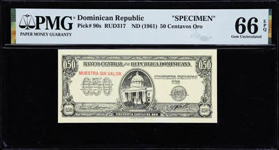 【Blue Auction】世界纸币精拍第759期——18级TOP拍卖/信誉/品质/专业/高效💫 - 【样钞 仅1张更高分】多米尼加 1961年50分 PMG66EPQ 