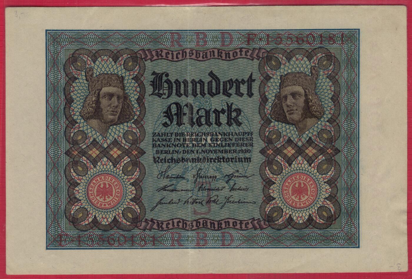 德国1920年100马克 P-69b 加盖字母J 8位号码(无47) 实物图 八五品