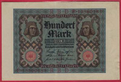 德国1920年100马克 P-69b 加盖字母J 8位号码(无47) 实物图 八五品 - 德国1920年100马克 P-69b 加盖字母J 8位号码(无47) 实物图 八五品