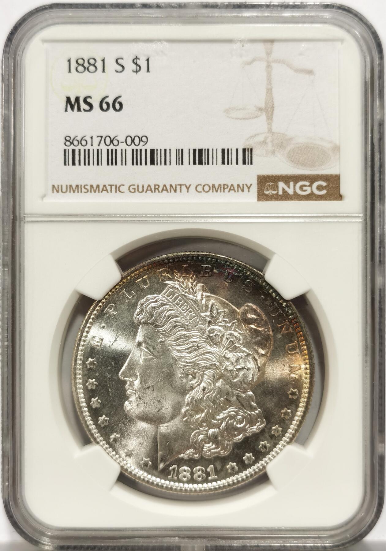 博洋堂藏家专场系列之美国钱币白金之夜专场②暨第152期（全场包邮）  NGC MS66 美国1881 S 摩根 人像面月牙彩虹包浆