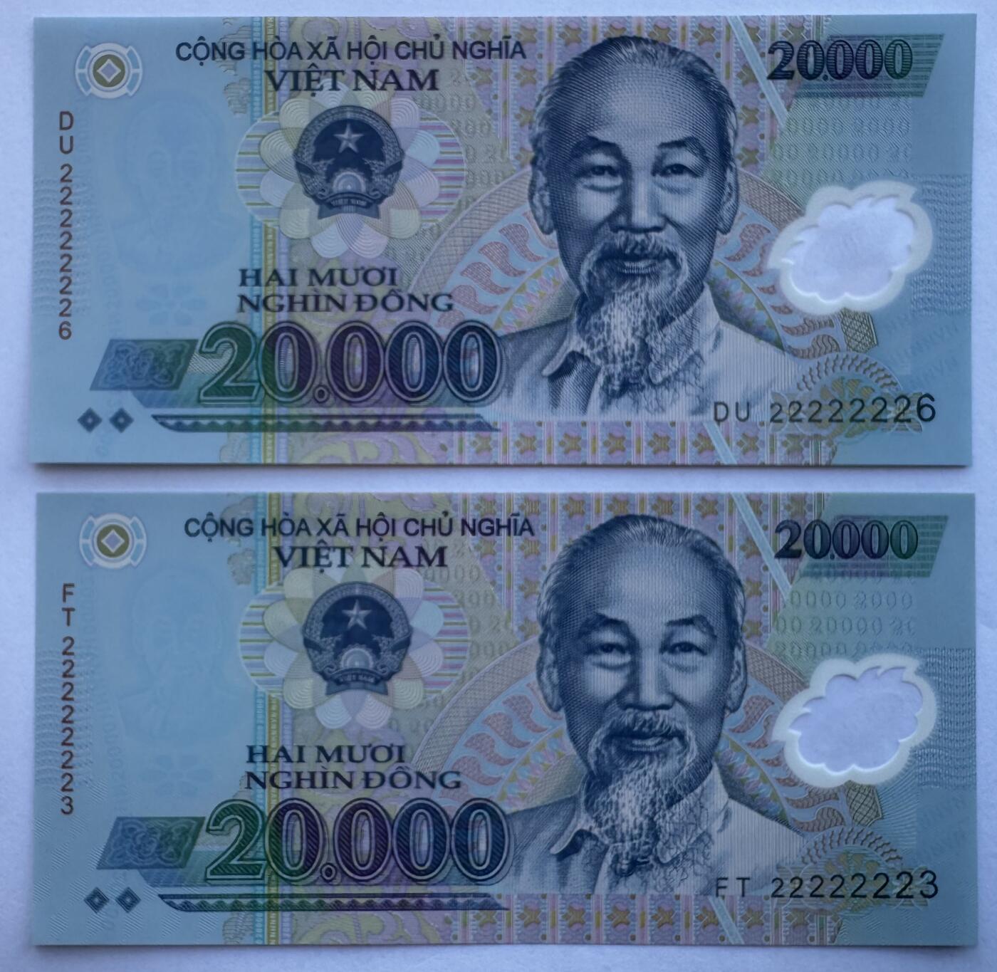 2025第25场（总第225期）：精品测试钞、塑料钞、纪念券、外钞综合场 数二22222223/6 越南2022年版20000盾塑料钞趣味号一对UNC