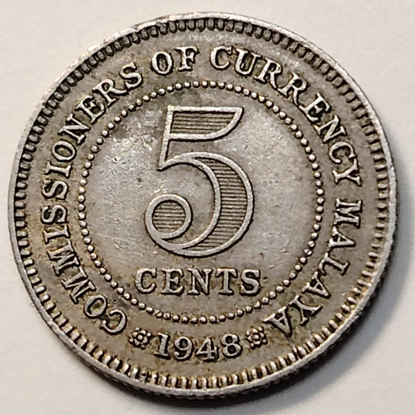 布加迪🐬～世界钱币(上海)🌾第 263 期 /  各国套币和散币 马来亚  1948年 5分 乔六头像