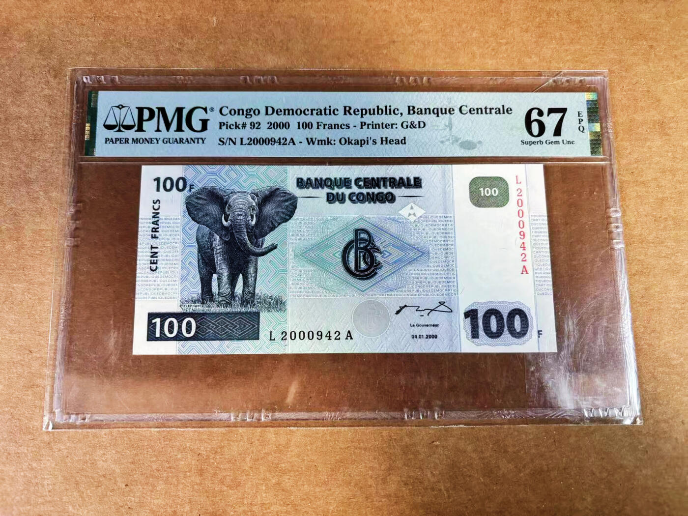 【Blue Auction】世界纸币精拍第759期——18级TOP拍卖/信誉/品质/专业/高效💫 【LA首发冠】刚果 2000你100法郎 PMG67EPQ 高分 捷德出品