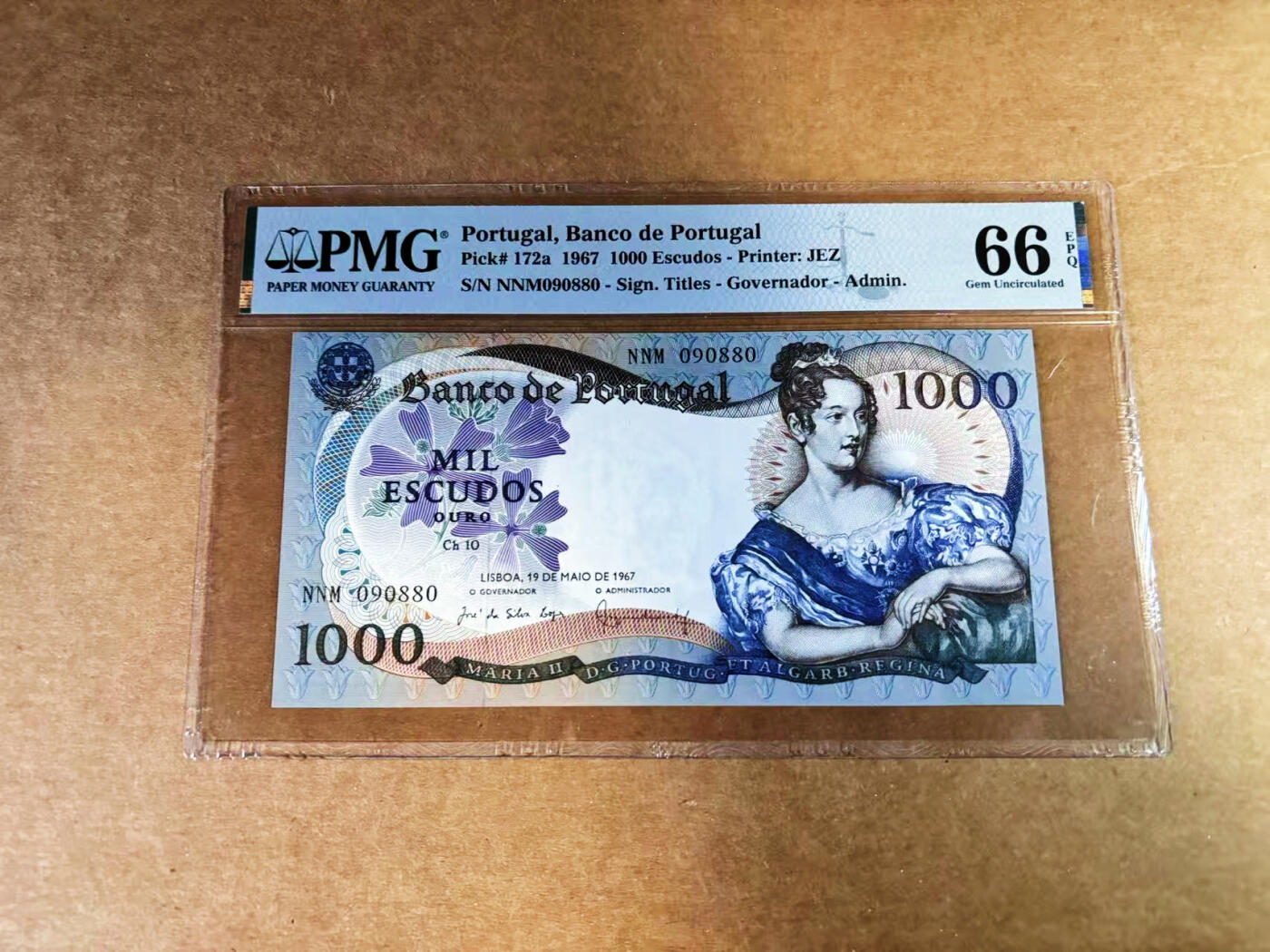 【Blue Auction】世界纸币精拍第759期——18级TOP拍卖/信誉/品质/专业/高效💫 【倒置号】葡萄牙 1967年1000埃斯库多 PMG66EPQ