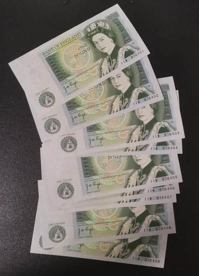 《艾美收藏》第223期-12.7周日外币畅拍 - (9张)英国D序列1978-81年1镑UNC 零星几张轻微压痕 J.B.Page签名 P-377a