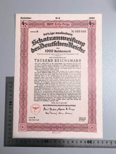 小驴勋章奖章收藏12月06日周六晚六点拍卖（珍爱和平，收藏战争，铭记历史，勿忘国耻，忠党爱国。有偿代拍，送拍规则在简介最后，参拍须阅读规则后再参拍，关系到运费包装发货时效真假辨别等关键信息，拍卖时不再发原图，看大图店主微信码在拍卖店铺介绍里） - 1937年1000马克国债债券