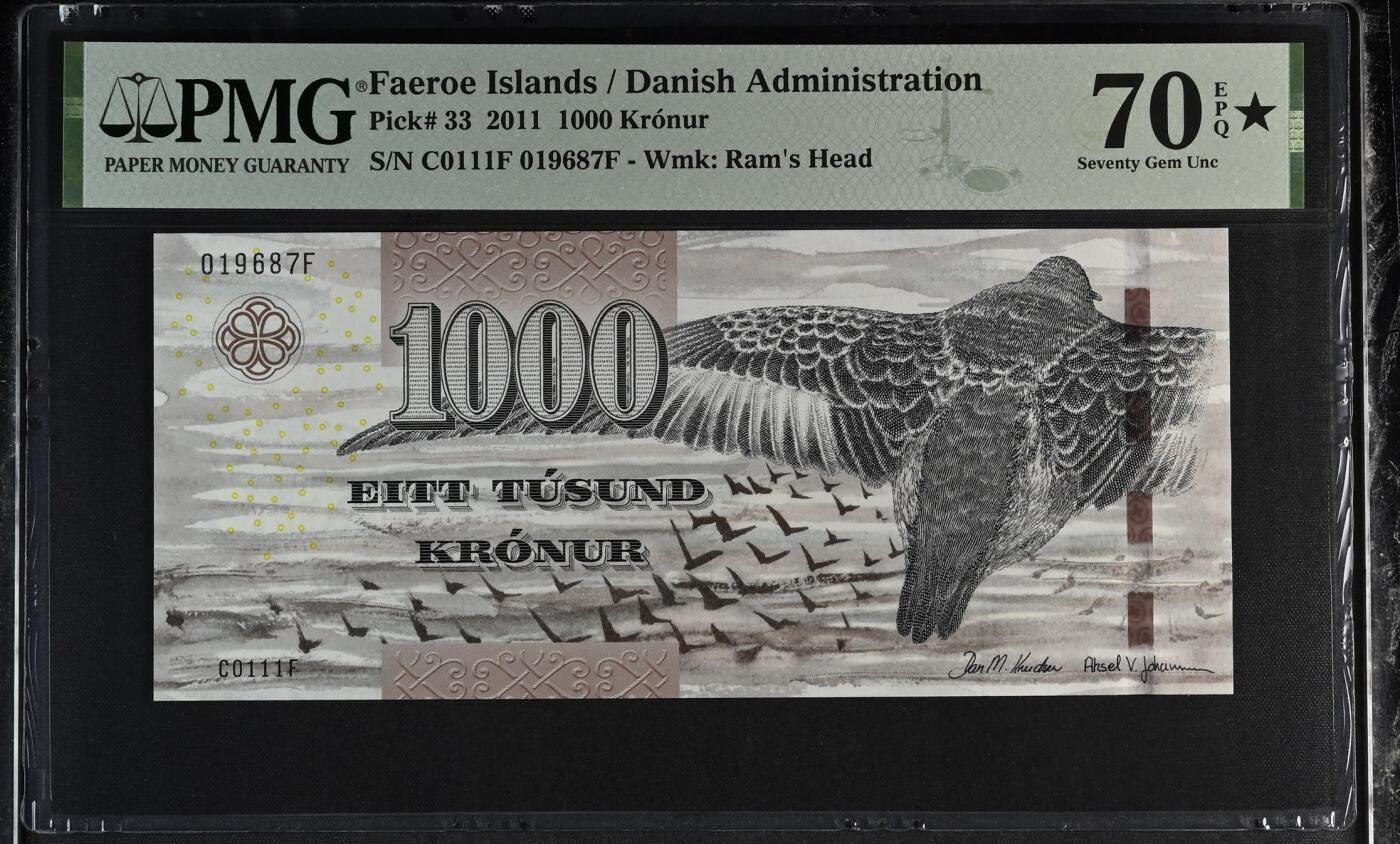 《艾美收藏》第223期-12.7周日外币畅拍 法罗群岛2011年1000克朗最高值PMG70E满分无4 IBNS获奖钞粗线版 经典大鹏展翅