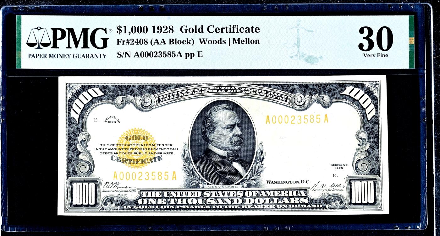 【Blue Auction】世界纸币精拍第759期——18级TOP拍卖/信誉/品质/专业/高效💫   【大珍 AA冠无47 普通藏家能拥有的最高面值黄金券实钞】美国 1928年1000美金黄金券 前总统克利夫兰肖像 金黄色的库印和号码熠熠生辉 PMG30性价比极高 百大美钞之一（当时仅印制了2.88万枚 如此高额黄金券纷纷兑换成黄金回收彻底 如今存世不到百枚 使其成为 20 世纪美国钱币收藏中最稀有的品种之一 甚至比对应的5000美元和10000美元联邦储备券更为罕见） 