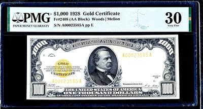 【Blue Auction】世界纸币精拍第759期——18级TOP拍卖/信誉/品质/专业/高效💫 -   【大珍 AA冠无47 普通藏家能拥有的最高面值黄金券实钞】美国 1928年1000美金黄金券 前总统克利夫兰肖像 金黄色的库印和号码熠熠生辉 PMG30性价比极高 百大美钞之一（当时仅印制了2.88万枚 如此高额黄金券纷纷兑换成黄金回收彻底 如今存世不到百枚 使其成为 20 世纪美国钱币收藏中最稀有的品种之一 甚至比对应的5000美元和10000美元联邦储备券更为罕见） 
