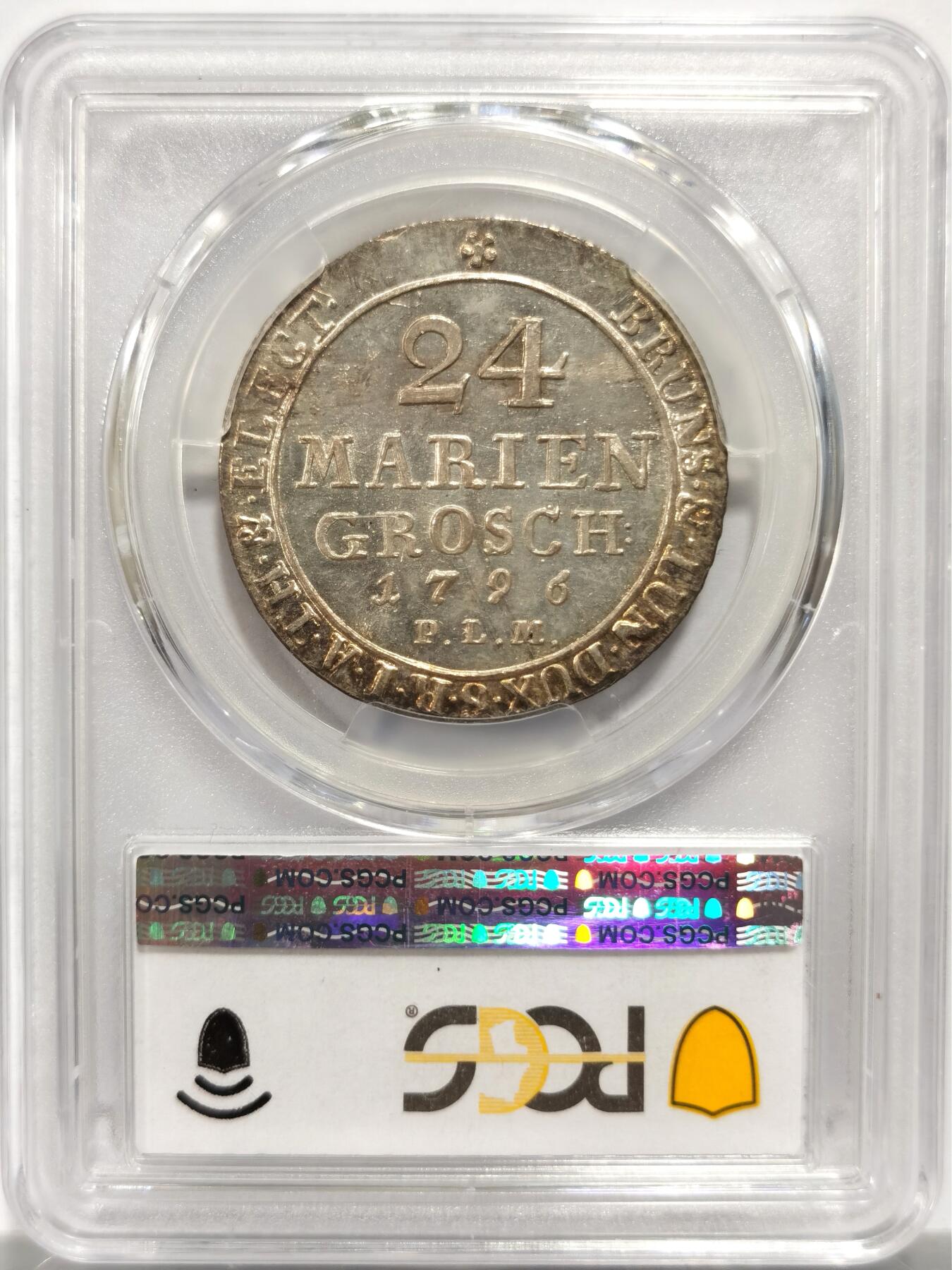 博洋堂世界钱币拍卖第150期（全场包邮） PCGS MS64 1796年不伦瑞克-汉诺威2/3泰勒 N、P双唯一冠军分 很难想象300年以上的大银币能有这种强光五彩状态，也是最热门的几个邦国之一，纹章兼具英德两国风格，极有特色的一个品种