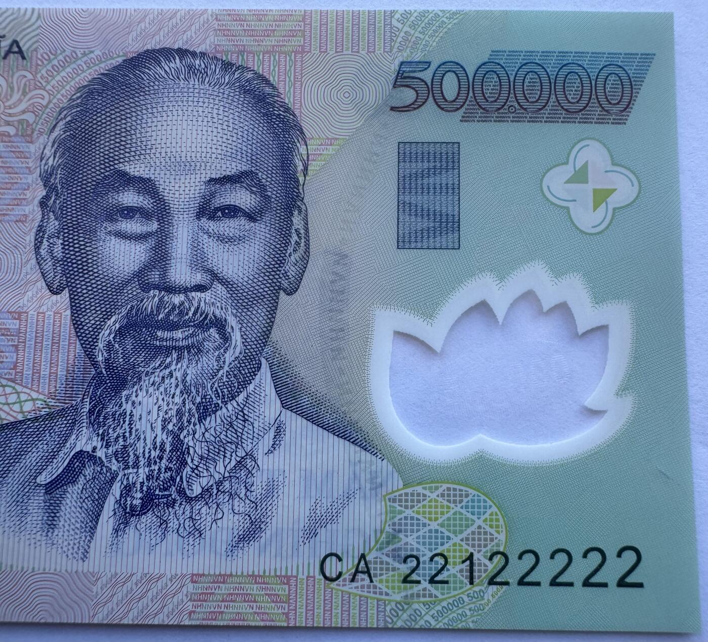 2025第25场（总第225期）：精品测试钞、塑料钞、纪念券、外钞综合场 数二老虎号22122222 越南2022年版500000盾Guardian基材塑料钞UNC（CA22冠）