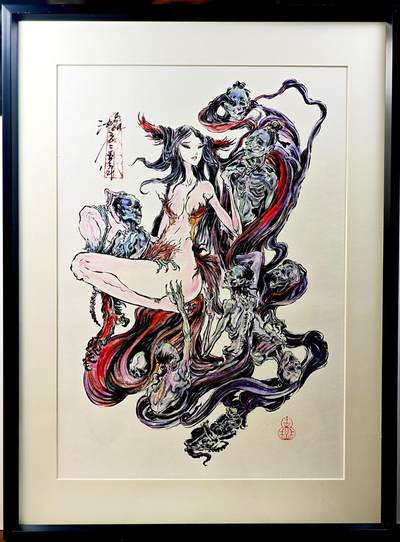 白泽拍卖卡牌手绘专场第29期（忽有故人心上过，回首山河已是秋） - 2025 启读文化 沈鑫限量微喷版画 封神·九尾狐狸精 尺寸：26.5cm*38cm 已装裱 +收藏证书 描金  沈鑫亲签