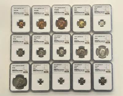 博洋堂世界钱币拍卖第150期（全场包邮） NGC PF64-66 英国1937年乔治六世精制大全套15枚，含濯足币，收藏一步到位！