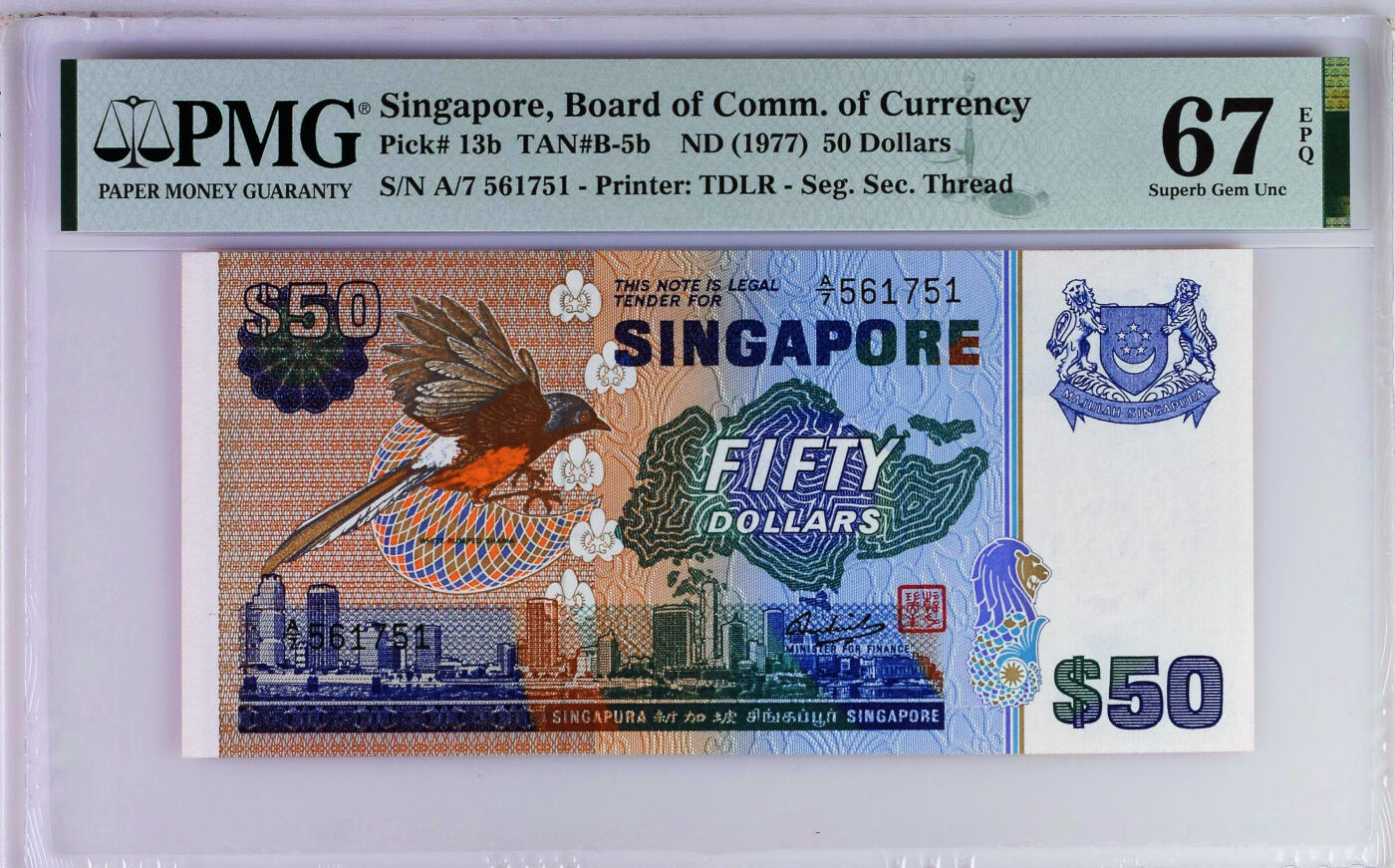 【Blue Auction】世界纸币精拍第759期——18级TOP拍卖/信誉/品质/专业/高效💫  新加坡 1977年50元 PMG67EPQ 高分