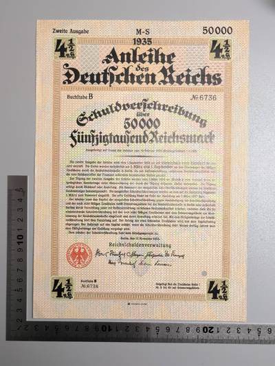 小驴勋章奖章收藏12月06日周六晚六点拍卖（珍爱和平，收藏战争，铭记历史，勿忘国耻，忠党爱国。有偿代拍，送拍规则在简介最后，参拍须阅读规则后再参拍，关系到运费包装发货时效真假辨别等关键信息，拍卖时不再发原图，看大图店主微信码在拍卖店铺介绍里） - 1935年50000马克国债债券