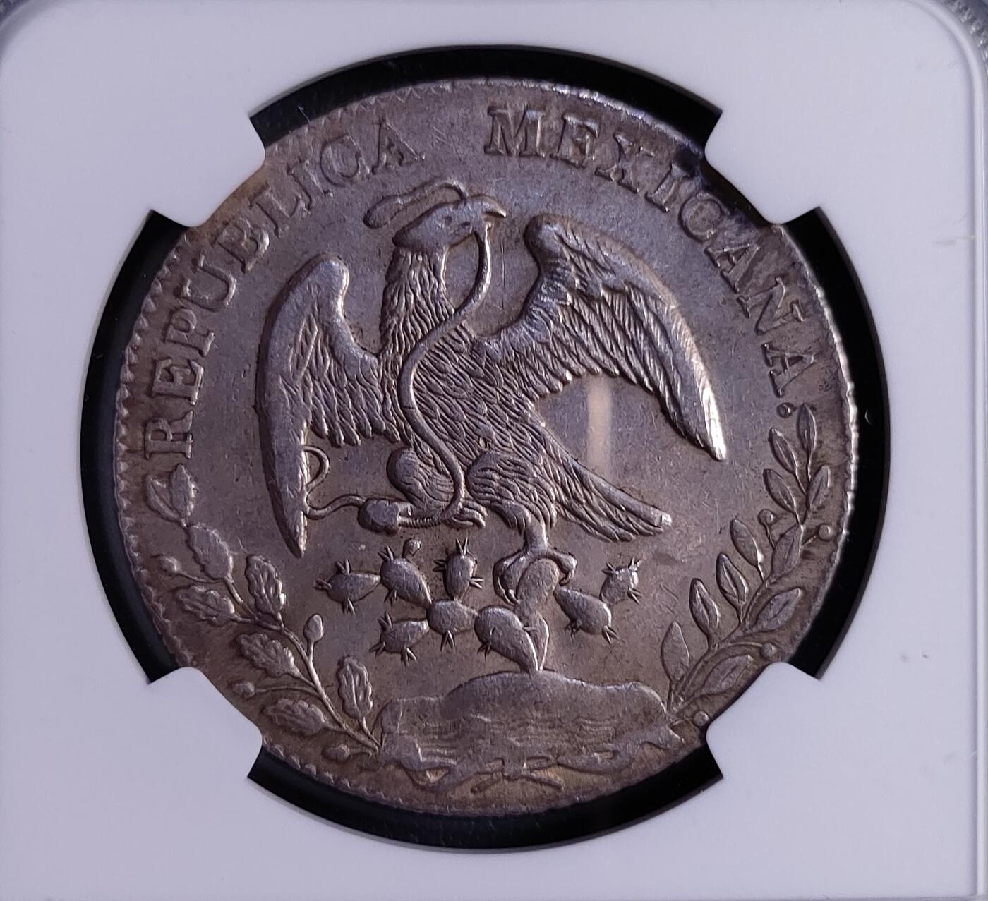 1875年墨西哥8瑞尔花边鹰洋 NGC AU评级币