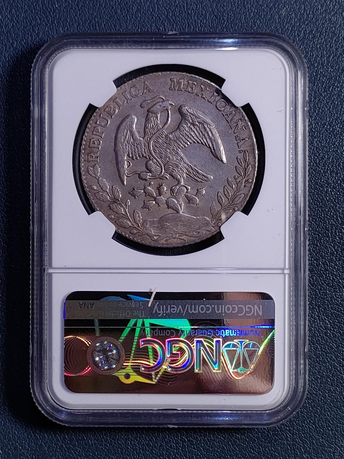 1875年墨西哥8瑞尔花边鹰洋 NGC AU评级币