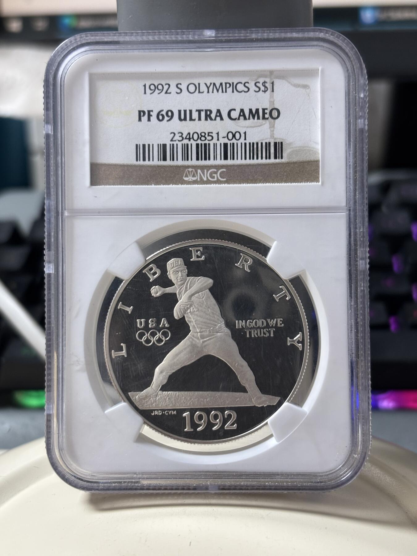 第185期拍卖 美国1992年巴塞罗那奥运棒球精制纪念银币NGC-PF69，900银，26.72克