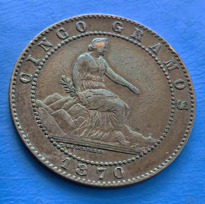 外国优质老铜币银币持续添加中，周六九点倒数截拍，满百包邮，可寄存半年，喜欢朋友微信扫描二维码可直接参拍 - 极美品西班牙1870年5分