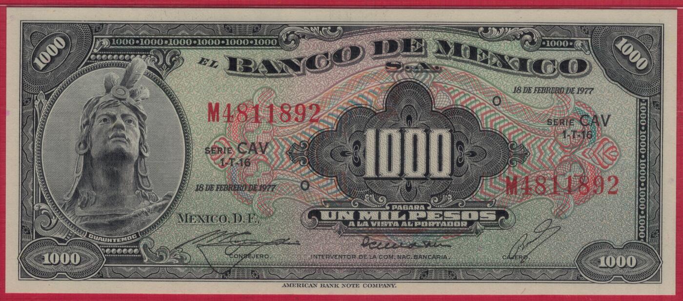 墨西哥1977年1000比索 P-52t 序列代码CAV 冠军分 实物图 UNC