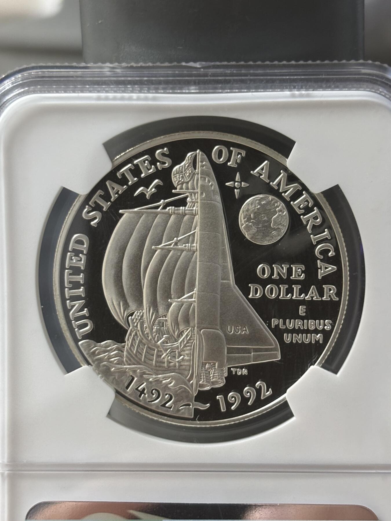 第185期拍卖 美国1992年哥伦布发现美洲大陆500周年精制纪念银币NGC-PF69, 900银 ，26.73克