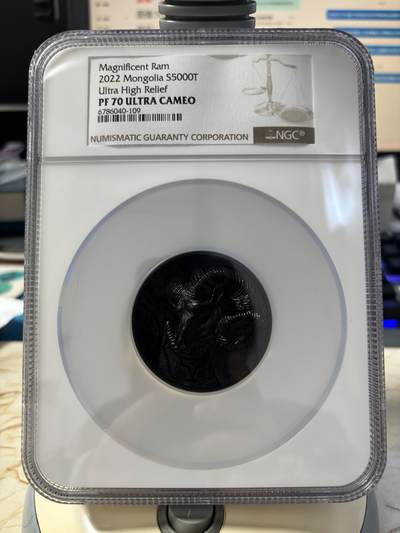 第185期拍卖 - 蒙古2022年大自然盘羊5盎司高浮雕黑银币NGC-PF70无盒无证书，999银，发行500枚
