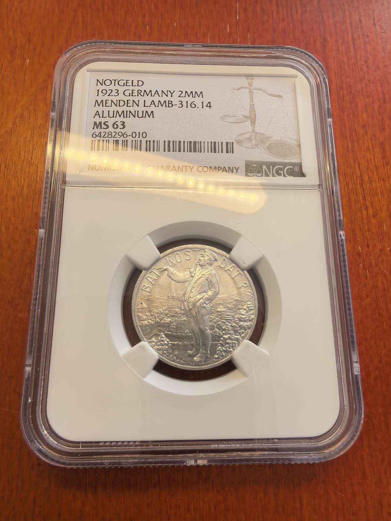 长老汇蛇年精选第八十场拍卖 1923 德紧门肯2百万马克铝币，NGC MS63