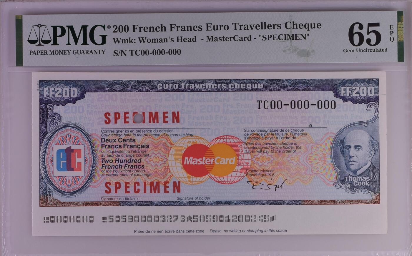 PMG评级美元 美国运通旅行支票票样200 French Francs Euro Travellers Cheque Wmk: Woman's Head