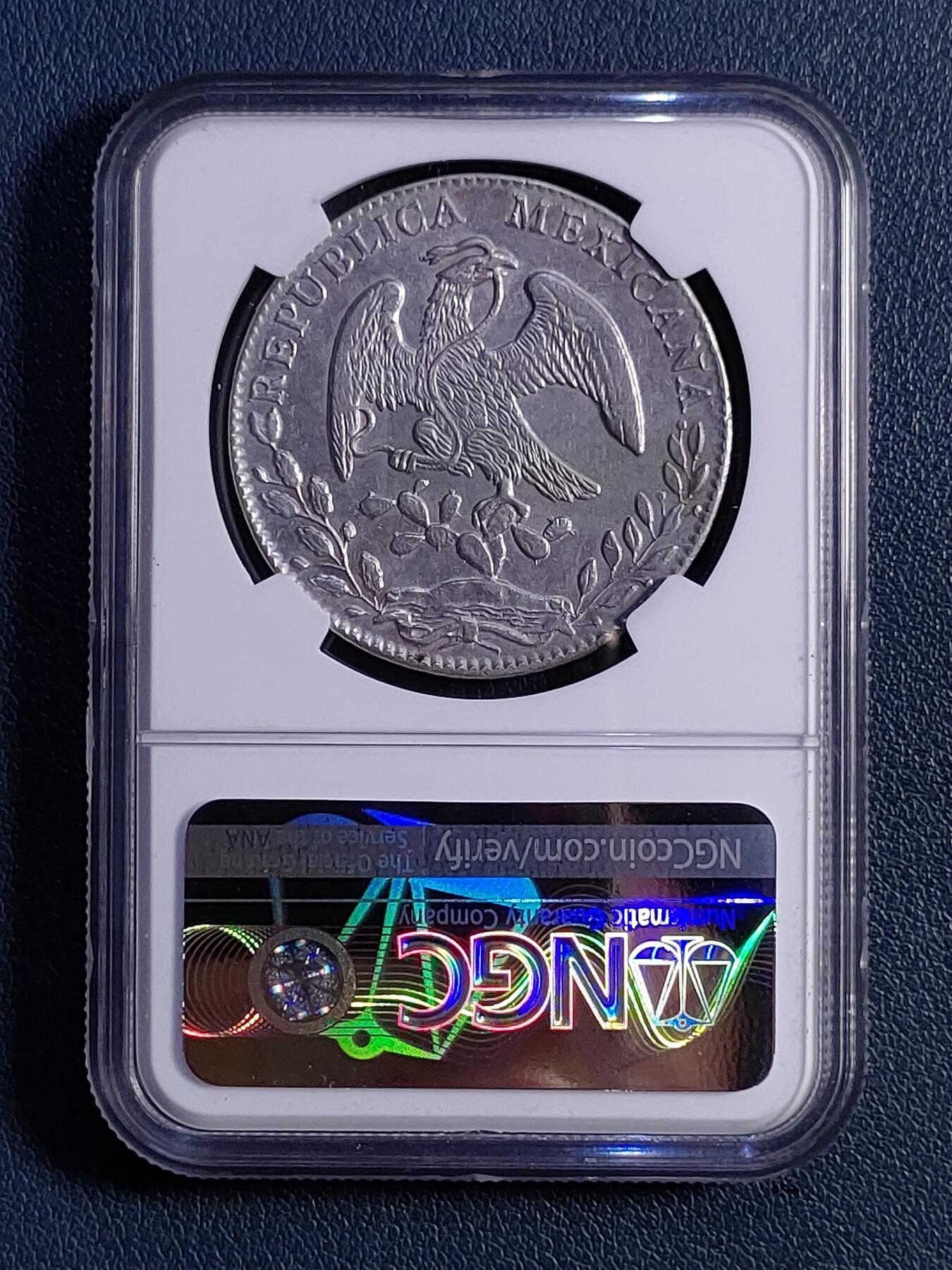 1880年墨西哥8瑞尔花边鹰洋 NGC AU评级币