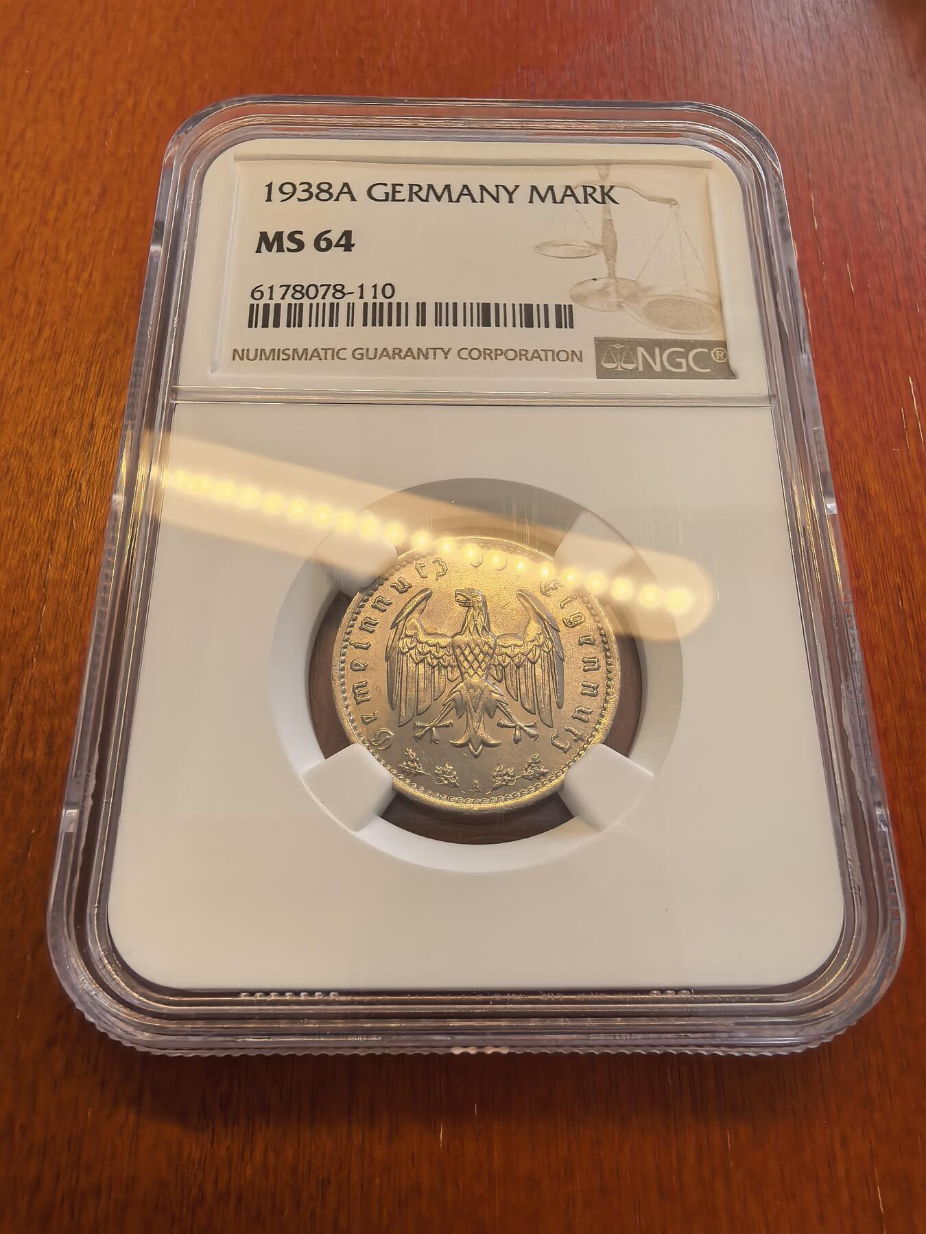 长老汇蛇年精选第八十场拍卖 1938A 德国第三帝国1马克镍币，NGC MS64分，季军分，更高2枚