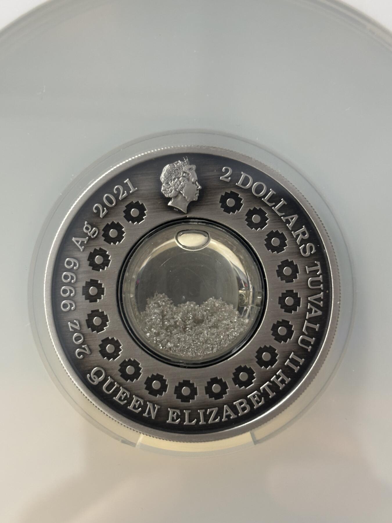 第185期拍卖 图瓦卢2021年月亮眼泪镶嵌银颗粒2盎司仿古银币NGC-MS70首无原盒证书，9999银，发行量2500枚