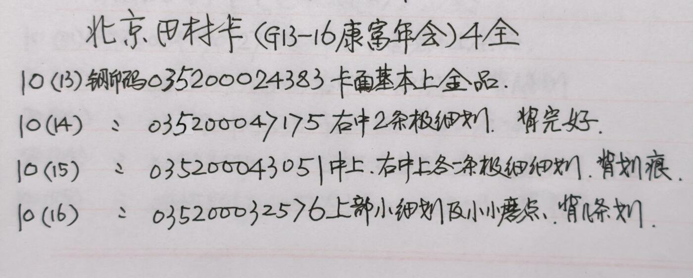 公藏第59期裸卡拍卖 北京田村新卡【G13-16  康富年会】4全发行2000，品相钢印码见描述。