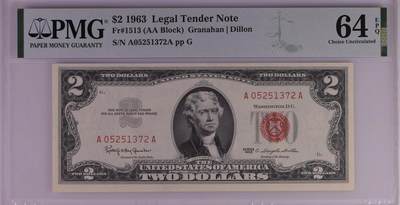PMG评级美元 - AA首发冠A05251372A 2美元红库印战争券Legal Tender Note, $2 1963 Small Size