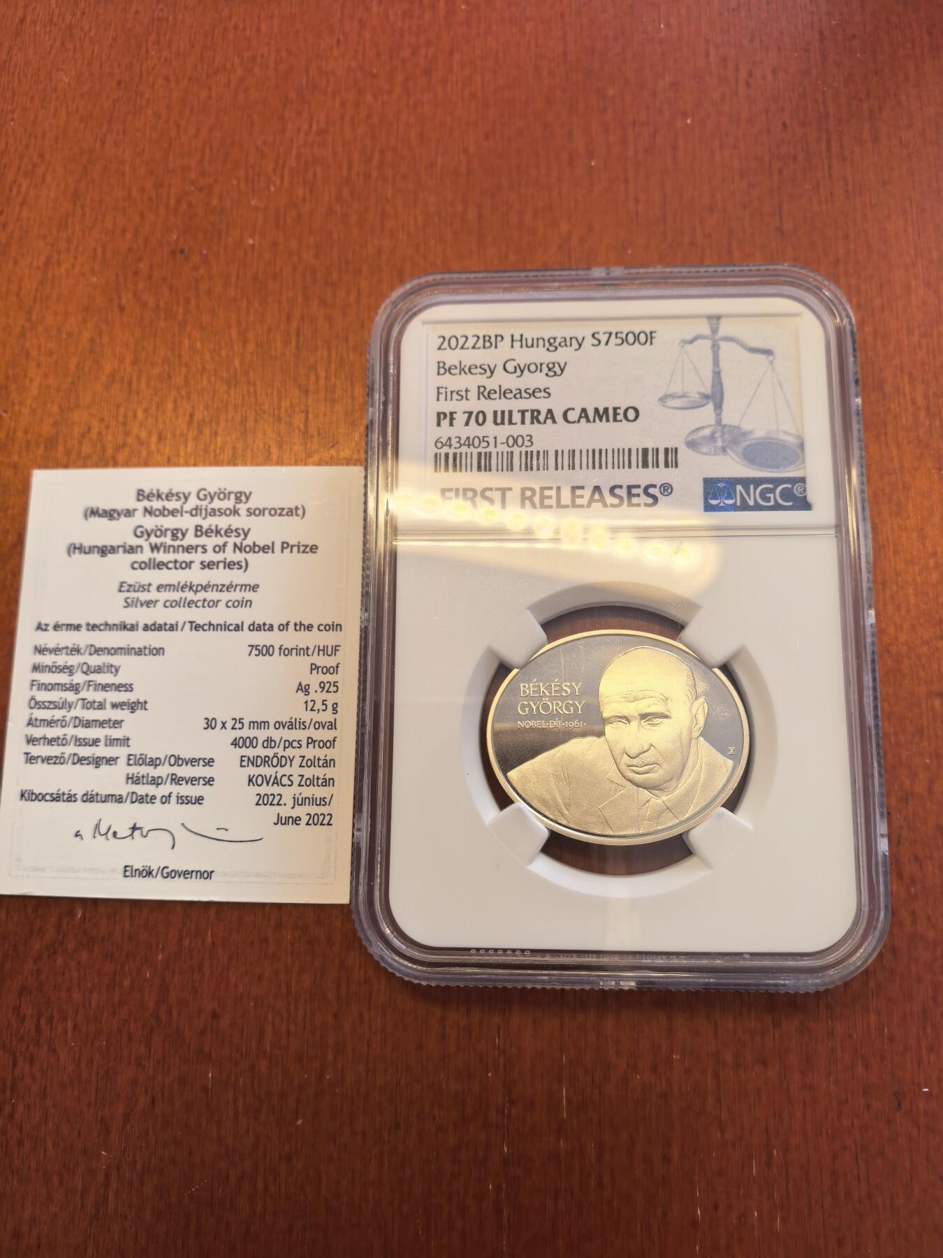 长老汇蛇年精选第八十场拍卖 2022匈牙利诺奖获得者7500弗林特精制银币，NGC PF70UC，3枚并列冠军之一，4000枚，首期标，带证书